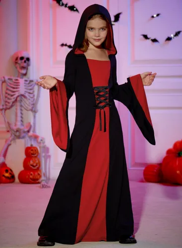 Vista 2 de BesserBay Disfraz de bruja para niñas, vestido de vampiro de Halloween de 5 Negro y Rojo Vestido