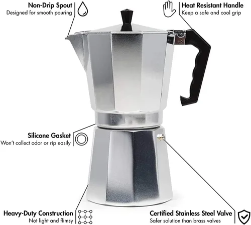 Vista 3 de Moka Pot - Cafetera italiana, géiser de aluminio, cafetera de géiser, hervidor de agua, estufa con leche, utensilios de café clásicos, accesorios