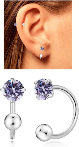Vista 15 de Aretes Huggie de medio aro para mujeres y niñas, pequeños aretes de cartílago, aretes de botón con piedra natal para mujeres, aretes de botón