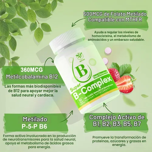 Vista 3 de Complejo de vitamina B sin azúcar con metil B12, metilfolato, B6, B1, B2, B3, suplemento de complejo B metilado de disolución rápida altamente