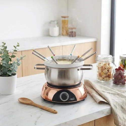 Vista 9 de Juego de fondue eléctrico de chocolate y queso Artestia con dos ollas (acero inoxidable y cerámica), para servir a 8 personas