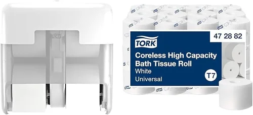Vista 14 de Tork OptiServe - Dispensador de papel higiénico (2 rollos) sin cilindro de cartón interior, negro T7/T5, dispensador vertical, diseño de elevación +