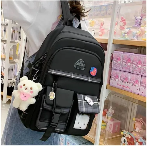 Vista 3 de Juego de 5 mochilas estéticas con alfileres y colgante, tamaño grande, estilo japonés kawaii, para la universidad, mochila para computadora Negro
