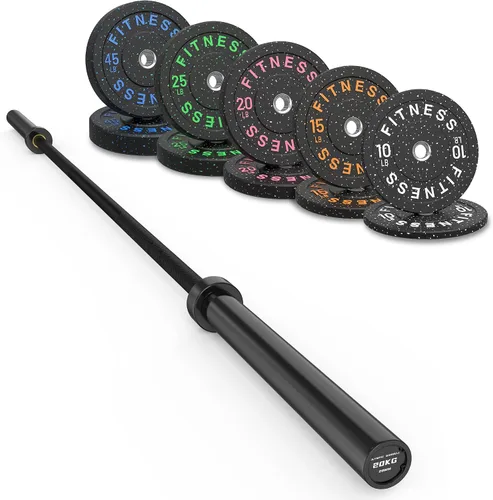 Vista 34 de Olympic Barbell Set, 2-Inch Bumper Plates with Weight Plate Rack Colored Crumb Rubber Weight Plates for Weight Lifting & Strength Training, 90–530