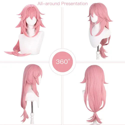 Vista 3 de Rosa Yae Miko Peluca Cosplay ropa peluca Anime sintético con gorra de peluca (Yae Miko)