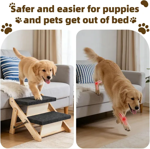 Vista 4 de MEWANG Wood Pet Stairs/Pet Steps - Escalera y rampa plegable de 2 niveles para perros, perfecta para camas y coches - Escalera portátil