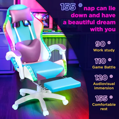 Vista 4 de Sillas de juegos para adultos, silla de computadora con reposapiés y respaldo alto ergonómico, luz LED, sillas giratorias de 360° en altura