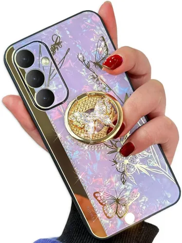 Vista 8 de Changjia Funda con función atril para Samsung Galaxy A15 5G, bonita funda con purpurina 3D con diamantes de imitación de mariposa con diamantes