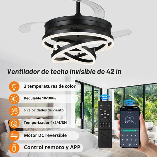 Vista 2 de Ventilador de techo retráctil, ventiladores de techo tipo araña de 42 pulgadas con luz, ventilador de techo moderno tipo araña para dormitorio, sala