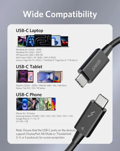 Vista 6 de Anker Cable USB C a USB C certificado Thunderbolt 4, pantalla 8K/4K/40Gbps compatible con USB4, Thunderbolt 4/3, para MacBook, iPhone 16