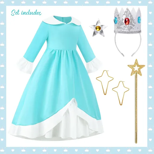 Vista 3 de CONGRU Princess Peach Costume for Girls, Super Brothers Kids Princess Peach Dress with Accessories Halloween Cosplay Dress Up