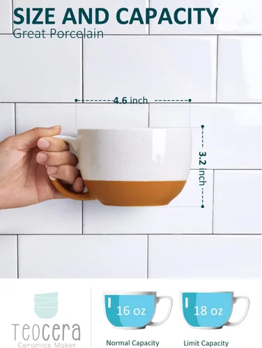 Vista 4 de Teocera Juego de 4 tazas de café color beige, taza de café de cerámica de 16 onzas, juego de tazas grandes con asa para bebidas frías o calientes