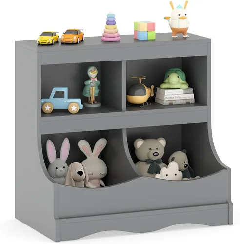 Vista 14 de HONEY JOY Organizador de almacenamiento de juguetes para niños con estantería, armario de almacenamiento de organización de 4 compartimentos