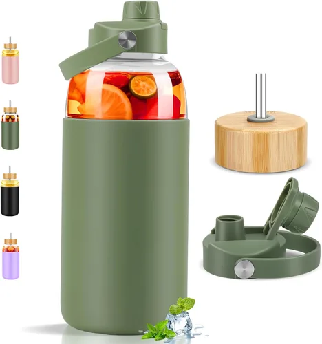 Vista 17 de PROBTTL Botellas de agua de vidrio de 32 onzas, vaso de vidrio de 1 litro, botella de agua de borosilicato con popote, funda de silicona, 2 tapas