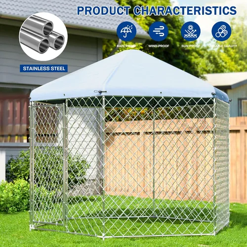 Vista 4 de Polar Aurora Perrera para perros al aire libre con techo, jaula grande para perros en el exterior con puerta de metal, perrera resistente