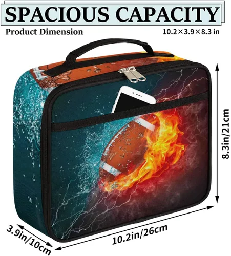 Vista 2 de Lonchera infantil para niños y niñas, diseño de fútbol americano, deportivo, color negro, bolsa de almuerzo reutilizable, pequeña bolsa enfriadora
