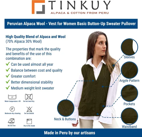 Vista 5 de TINKUY Chaleco peruano de lana de alpaca con cuello en V y rombos para mujer, S-4XL