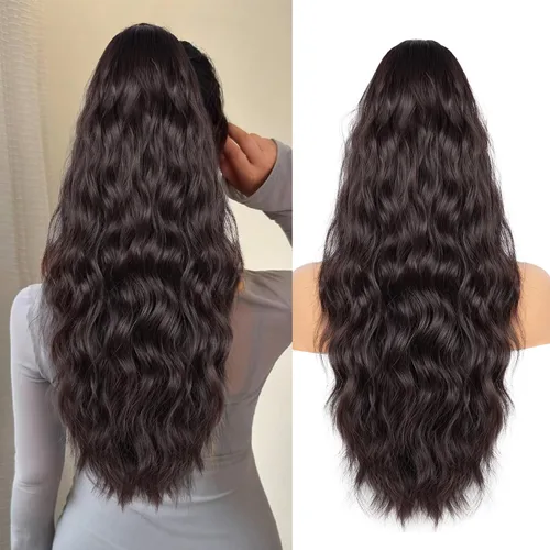 Vista 7 de Extension de cola de caballo con cordón de 26 pulgadas para mujer, extensiones de cola de caballo largas y onduladas, extensiones de cabello