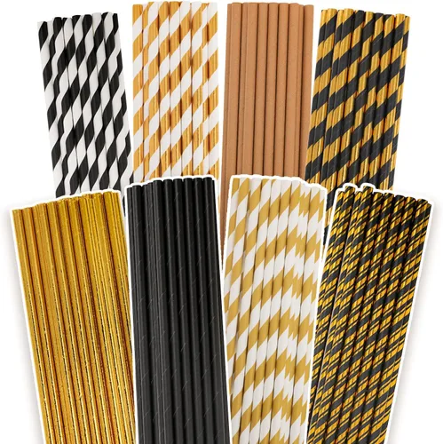 Vista 14 de qiqee Pajitas de papel negro, 150 pajitas desechables a granel (10 patrones negros, biodegradables, desechables, 7.75 x 0.25 pulgadas)