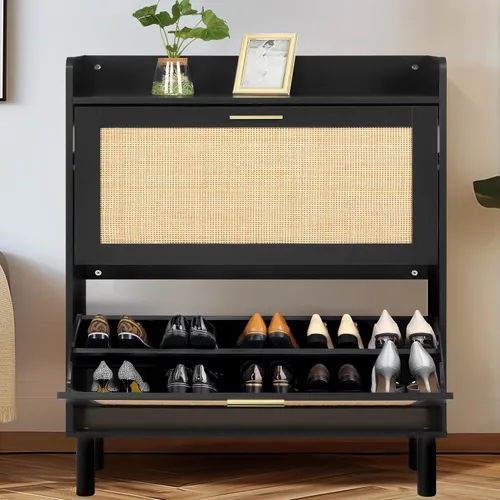 Vista 3 de Finnhomy Zapatero extendido con cajones abatibles de ratán natural para entrada, organizador de zapatos delgado de 2 niveles con tablero superior