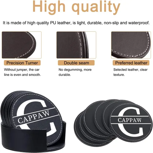 Vista 4 de Posavasos de cuero personalizados para bebidas, juego de 6 posavasos de café personalizados, posavasos personalizados con monograma grabado, regalos