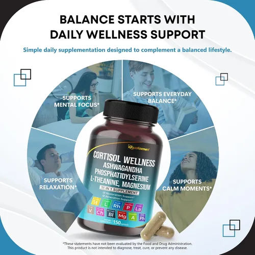 Vista 3 de CORTISOL Wellness Magnesio Ashwagandha L-Teanina Fosfatidilserina Rhodiola Rosea Passionflower Lavanda Manzanilla -150 Cápsulas