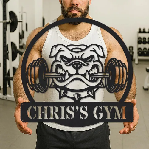 Vista 41 de Cartel de metal personalizado para gimnasio con nombre, arte de pared para sala de entrenamiento en casa, garaje, espacio de fitness, decoración