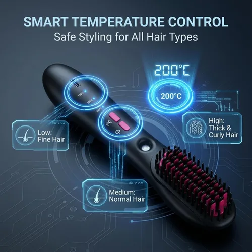 Vista 4 de Peine alisador de vapor inalámbrico, cepillo alisador de pelo de vapor portátil, 3 ajustes de temperatura, tecnología de pulverización eléctrica