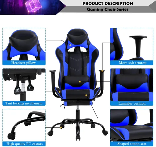 Vista 4 de Reposacabezas de soporte lumbar para computadora de PC, respaldo alto, para oficina, videojuegos, silla giratoria para niños o adultos, azul