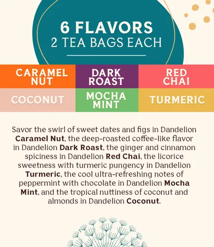 Vista 5 de Teeccino Muestra de té de diente de león, caramelo, coco, tostado oscuro, menta moca, chai rojo, cúrcuma, sustituto de café prebiótico Sin cafeína