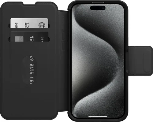 Vista 4 de OtterBox Funda Strada Folio Series para iPhone 15 Pro MAX (solamente), color negro (negro), tarjetero, broches a MagSafe, piel auténtica, apta