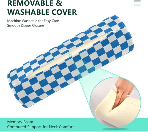 Vista 4 de DOMIKING Almohada cervical con patrón de cuadros blancos y azules para el cuello, almohada cilíndrica de espuma viscoelástica con funda extraíble