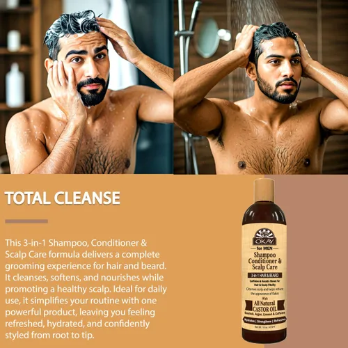 Vista 4 de OKAY -MEN Champú y acondicionador 3 en 1 - Champú y acondicionador de aceite de ricino, lavado de barba, tratamiento aclarador para cabello seco