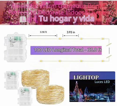 Vista 7 de Luces de Hadas Guirnalda de luces a pilas, paquete de 2 unidades, 100 LED, impermeable, alambre de cobre, luz de Navidad parpadeante