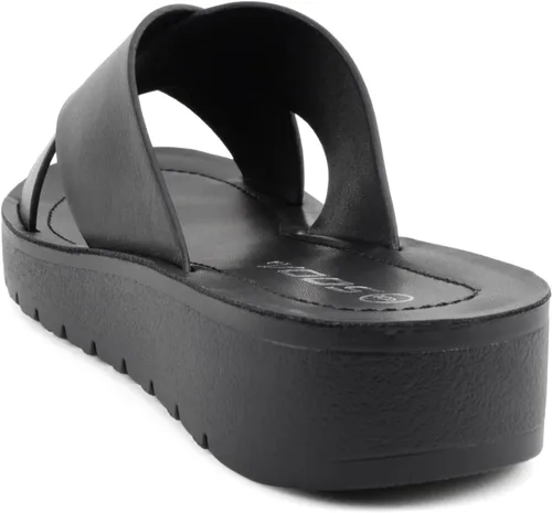 Vista 3 de Soda LUCY ~ Sandalias de plataforma plana con tiras cruzadas y puntera abierta para mujer, estilo deslizante de moda Todo negro