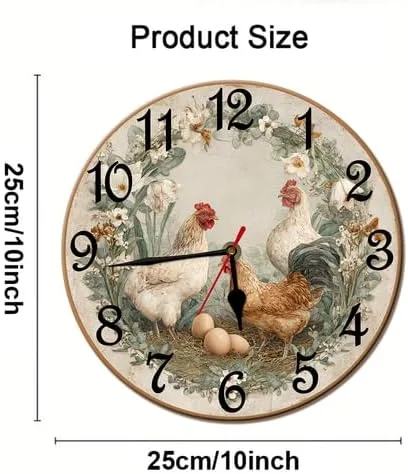 Vista 4 de Reloj de madera retro con corona de pollo, 10 pulgadas, funciona con pilas, reloj de pared sin tictac, relojes de decoración de gallinero de madera