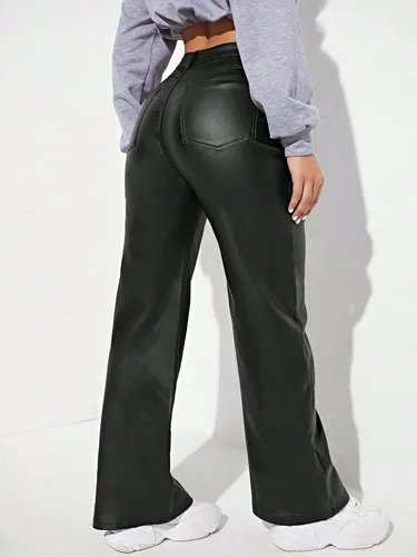 Vista 2 de MakeMeChic Pantalones de mezclilla elásticos de cintura alta y pierna recta para mujer