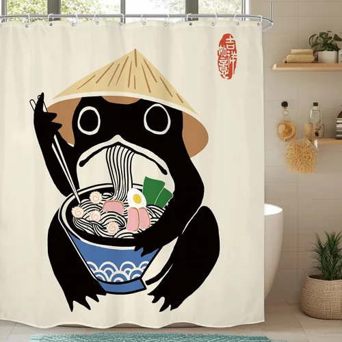 Vista 23 de Juego Divertido de Cortina de Rana Retro para Ducha, Juego de Baño 48x71 Pulgadas, Estilo Asiático Lindo, Arte Japonés Tradicional de Pato de Goma