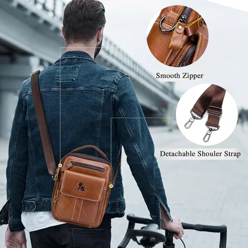 Vista 6 de BAIGIO Bolso de hombro de cuero para hombre, bolsa de mensajero, bolso cruzado, bolso para hombre, bolso tipo bandolera para viajes de negocios