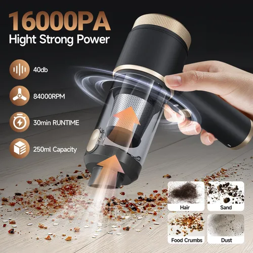 Vista 2 de Aspiradora portátil inalámbrica para automóvil, 16000PA, limpiador de automóvil de mano de succión fuerte con filtros HEPA duales, luz LED, mini