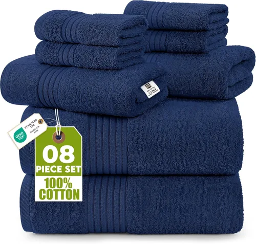 Vista 12 de Set de toallas Premium 700 GSM, 8 piezas; 2 toallas de baño, 2 toallas de mano y 4 paños, algodón, lavable a máquina, calidad de hotel, supersuave