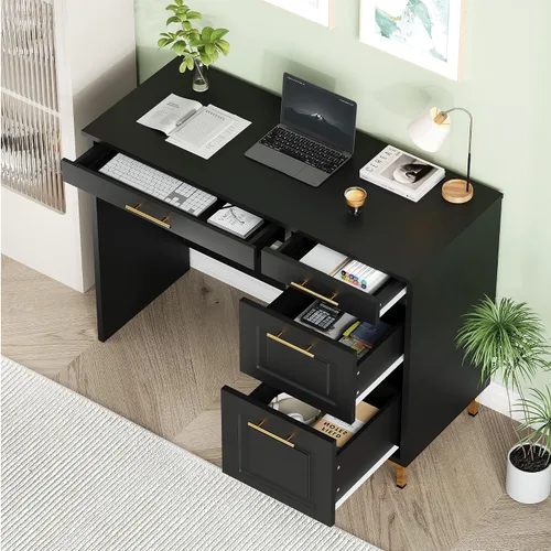 Vista 3 de 4 EVER WINNER Escritorio negro con cajones, escritorio de 43 pulgadas con archivador de almacenamiento y mango dorado, escritorio de oficina en casa
