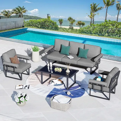 Vista 11 de HOOOWOOO Juego de 4 muebles de patio al aire libre, sofá de conversación moderno exterior de aluminio, asiento de sofá resistente a la intemperie