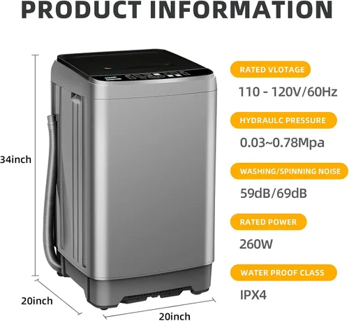 Vista 7 de Lavadora portátil de 17.7 libras, lavadora compacta completamente automática para apartamento, 10 programas de lavado, lavadora pequeña