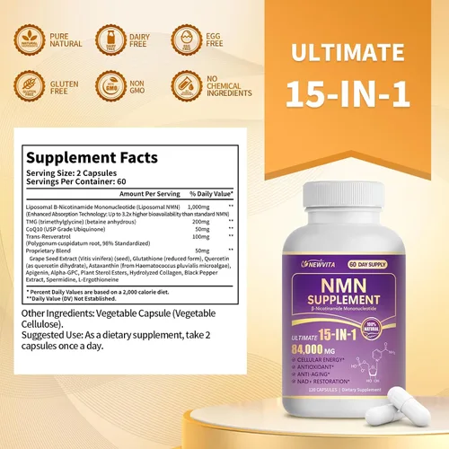 Vista 10 de Suplemento liposomal NMN 15 en 1 1000 mg orgánico puro - 120 cápsulas