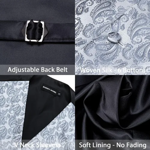 Vista 7 de Barry.Wang Chaleco formal de los hombres Paisley Jacquard seda corbata traje chaleco conjunto boda 5PCS