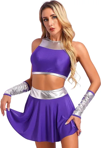 Vista 3 de LiiYii Disfraz de Halloween Starfire para mujer, 3 piezas, tops cortos con faldas y guantes