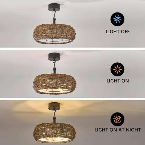 Vista 5 de Candelabro de ratán boho con ventilador de techo, canasta tejida a mano estilo granja con ventilador de techo, altura ajustable para isla de cocina