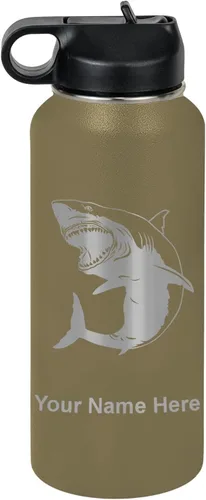 Vista 21 de LaserGram Botella de agua personalizada, gran tiburón blanco, acero inoxidable de doble pared aislada al vacío con popote superior, regalo grabado