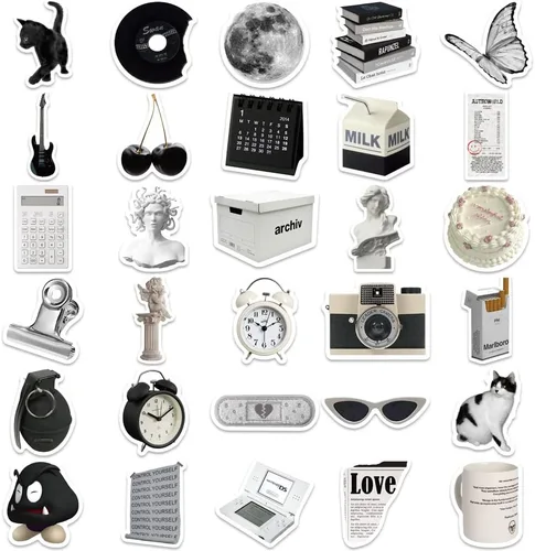 Vista 6 de Calcomanías estéticas VSCO para botellas de agua, calcomanías de vinilo simples en blanco y negro para laptop, 61 calcomanías de bricolaje
